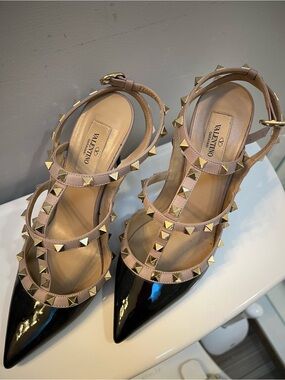 Valentino Black Patent Pointed-Toe Rockstud Strappy Pumps with Nude Straps
